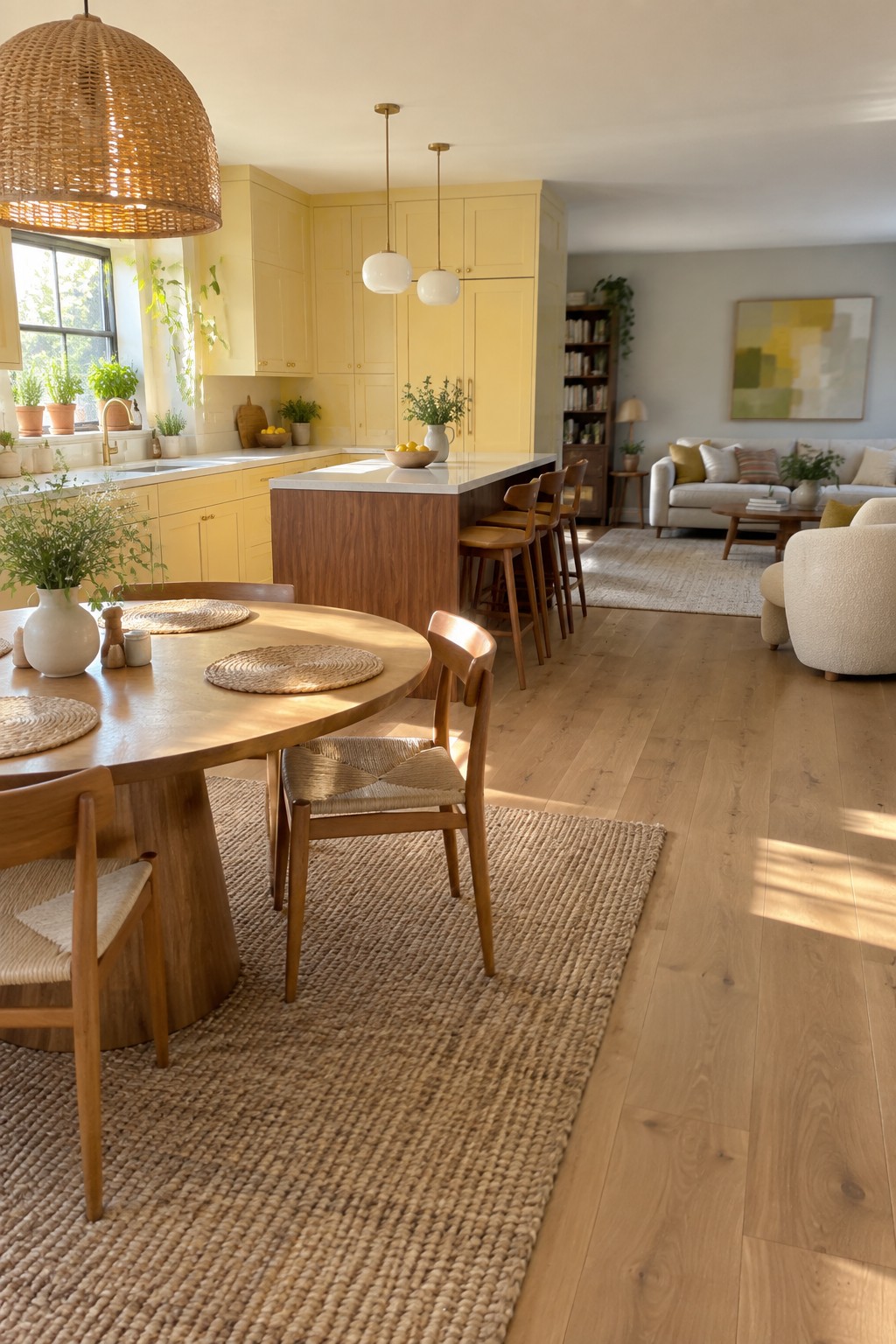 Pale yellow kitchen cabinets paired with a wood island in an open living space.
