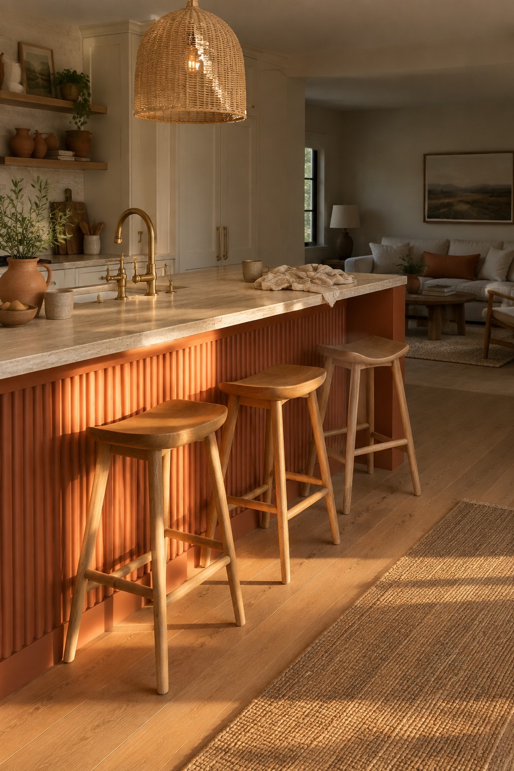 A kitchen island painted warm terracotta with vertical ridges and wooden stools in front.