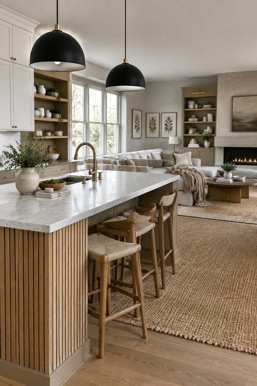 Modern kitchen with marble island, wooden stools, black pendants, and neutral living area.