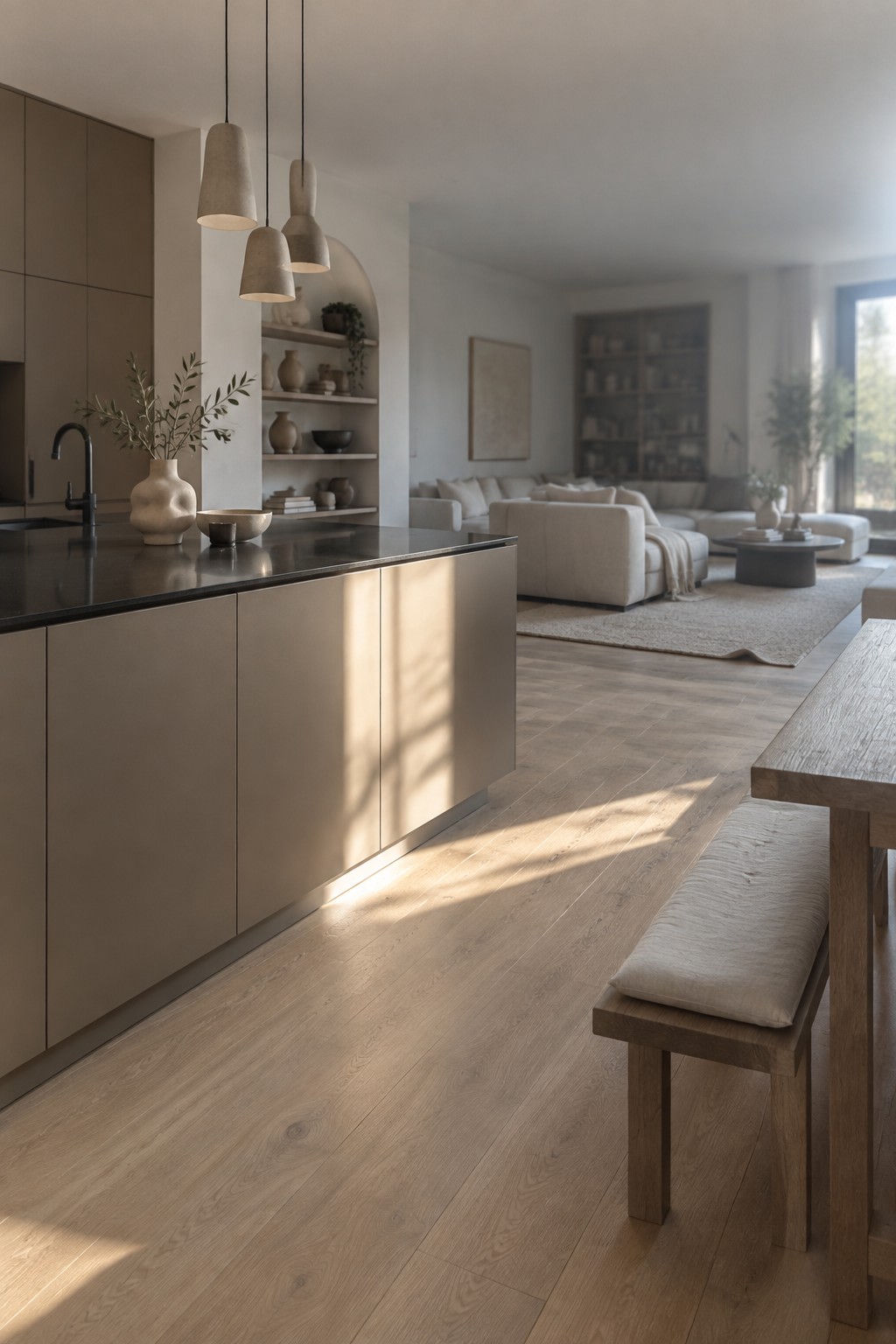 Open kitchen with warm greige cabinets and dark stone countertop in a light-filled living area.