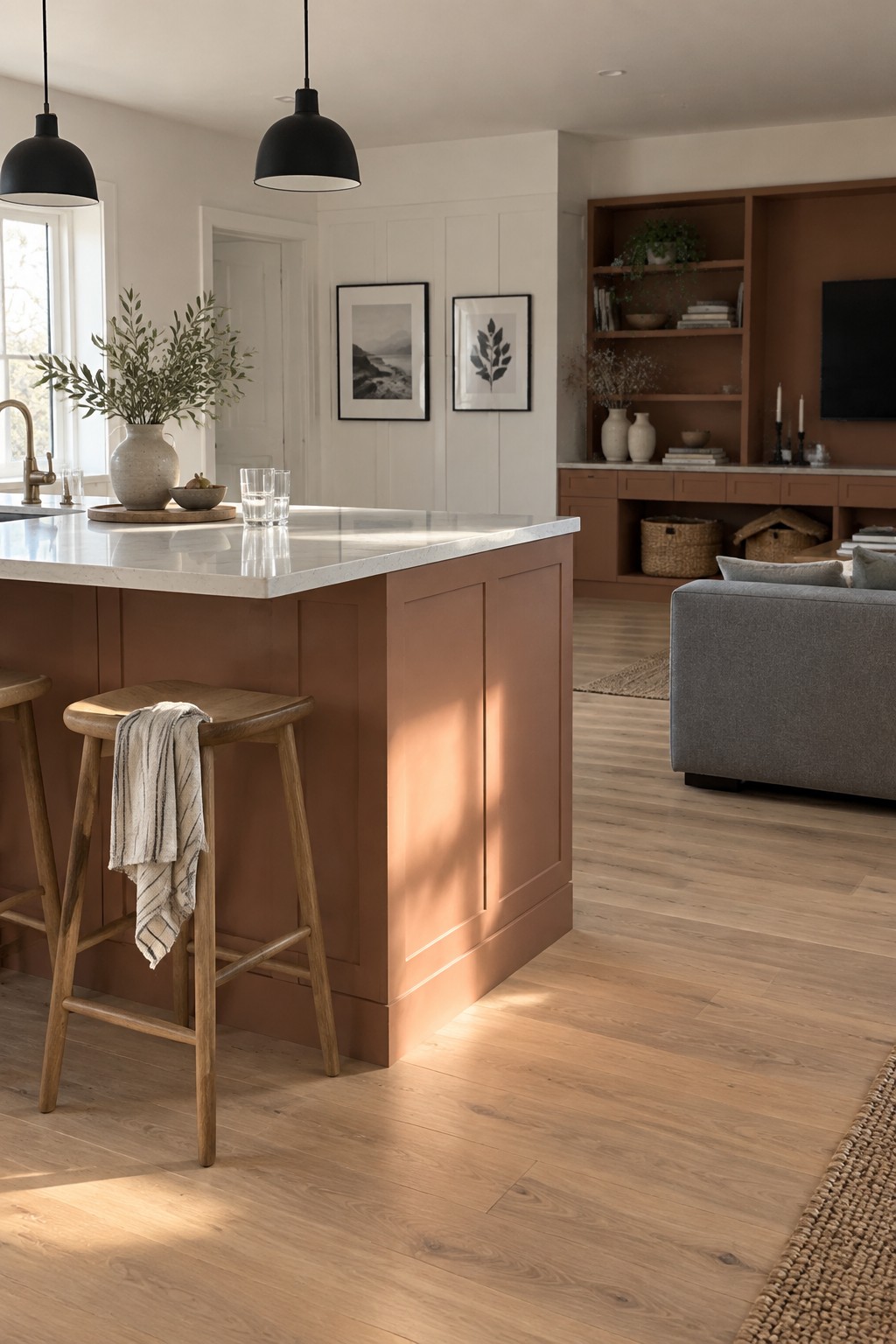 A kitchen island painted in warm terracotta with a white marble top and wood stools.