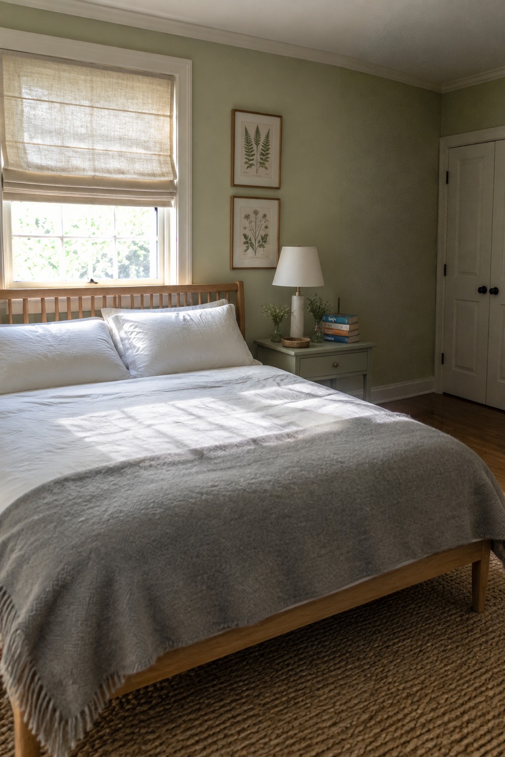 A bedroom with soft sage green walls and a wooden bed frame.
