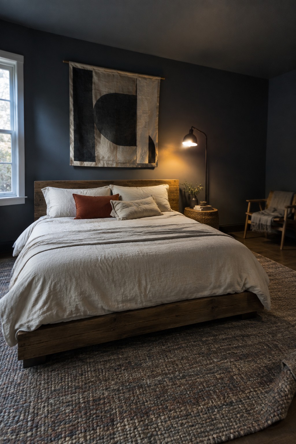 A bedroom featuring deep navy walls and a wooden bed frame.