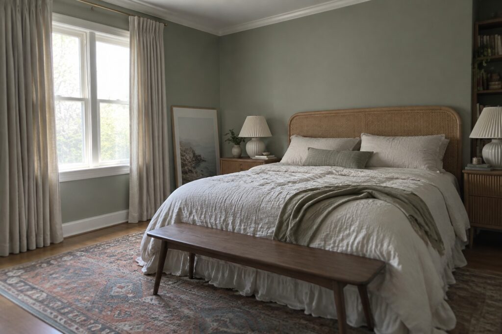 20 Practical Benjamin Moore Bedroom Paint Colors for Primary and Guest Rooms Cozy bedroom with sage green walls, white ruffled bed, wooden bench, and patterned rug.