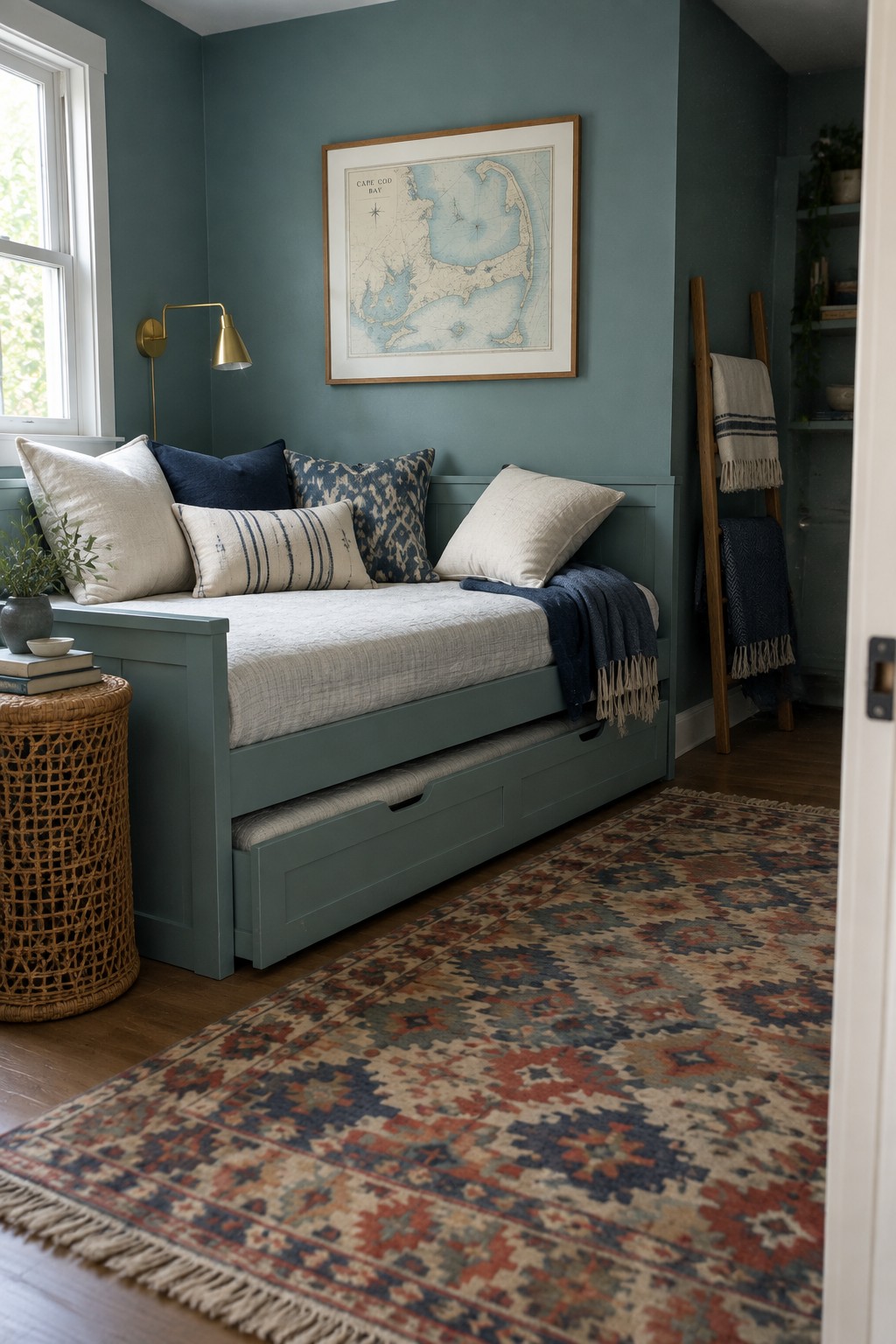 Teal daybed with pillows under Cape Cod map in cozy bedroom
