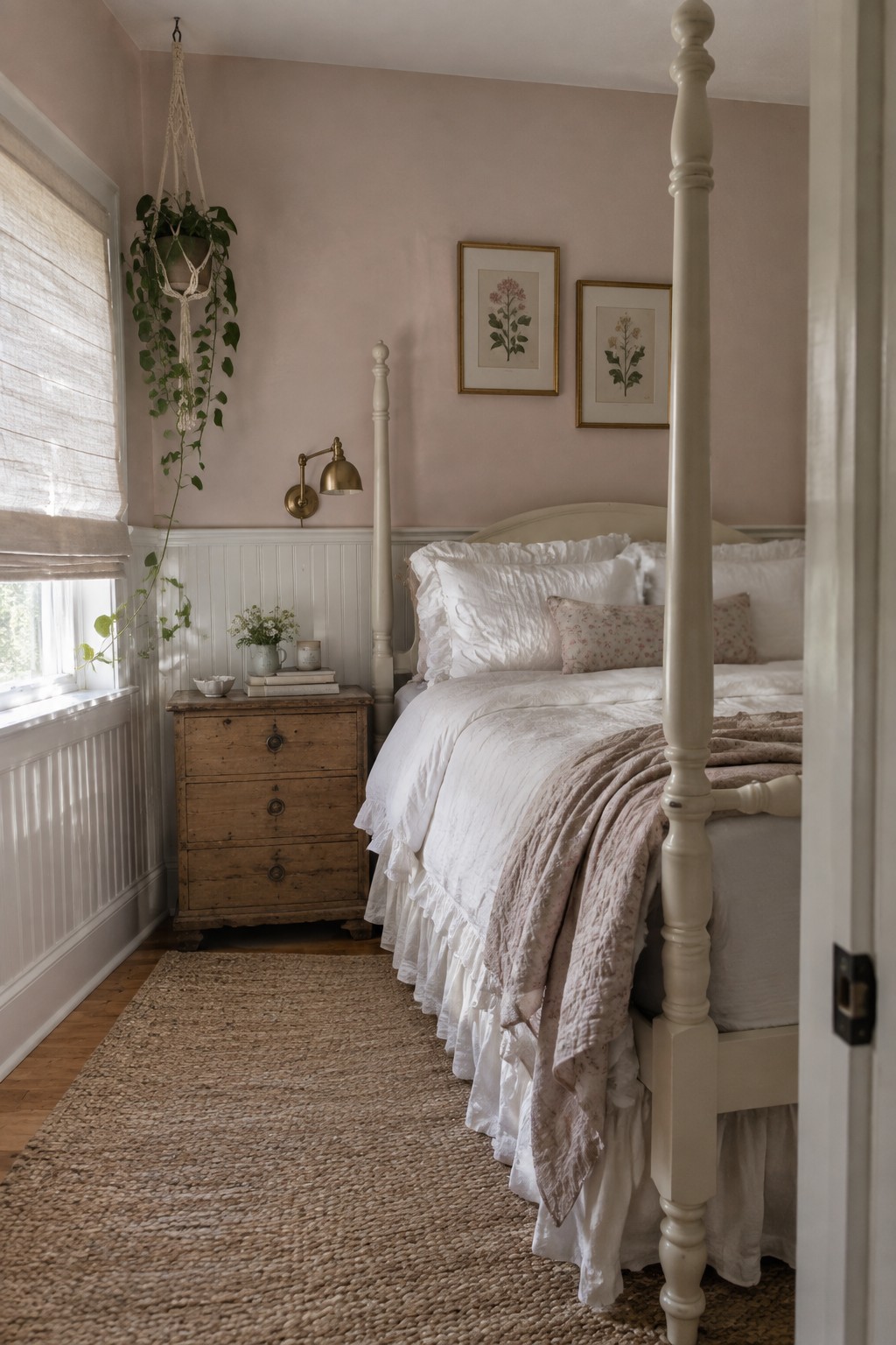 Cozy pink bedroom with white four-poster bed, hanging plant, and woven rug