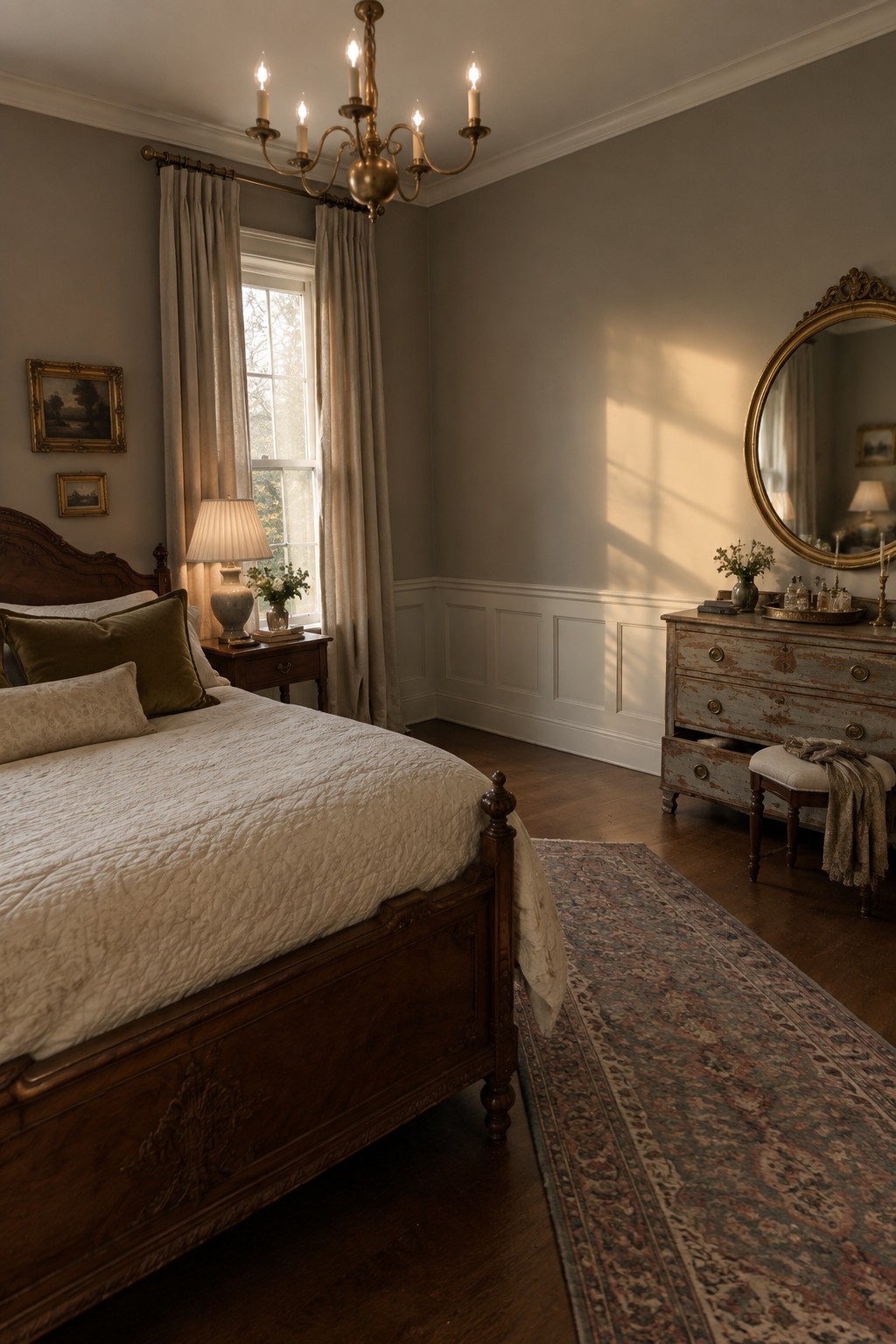 Elegant bedroom with antique wooden bed, chandelier, sunlit window, and distressed dresser.