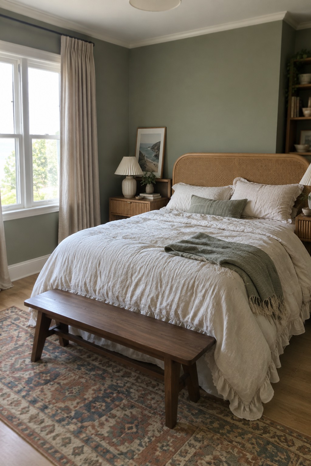 Cozy bedroom with sage green walls, white ruffled bed, wooden bench, and patterned rug.