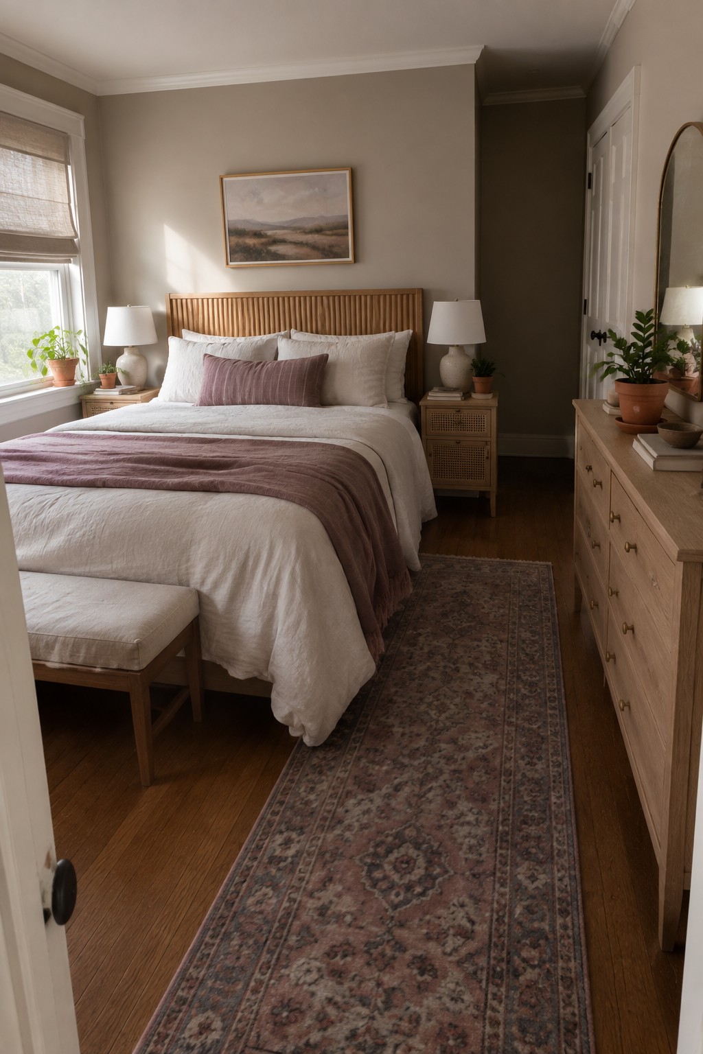 Cozy bedroom with wooden bed, white linens, mauve blanket, nightstands, dresser, and patterned rug.