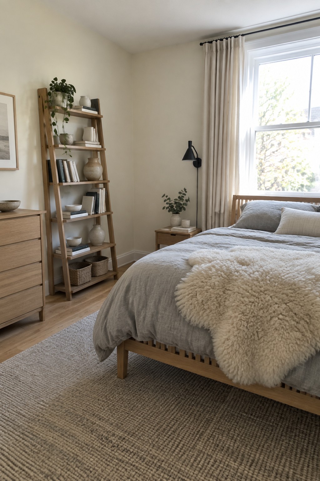 A bedroom with soft warm off-white walls and light wood furniture.