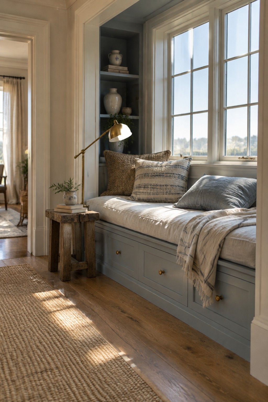 Built-in window seat and shelves painted in a soft blue-gray.