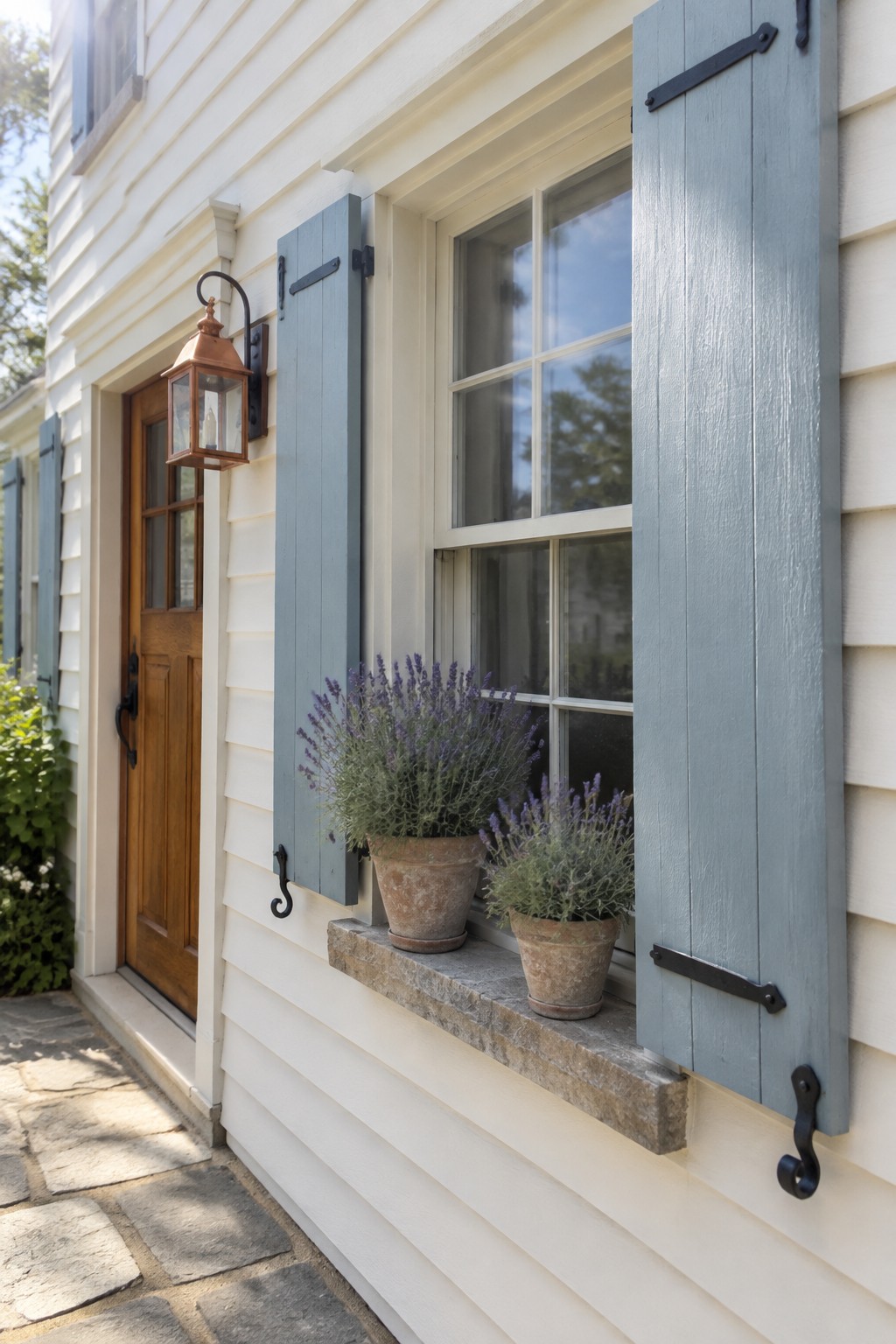 Blue shutters on window with lavender in pots on stone sill beside door.