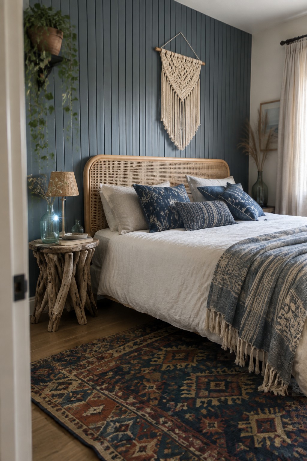 Deep blue-gray paneled walls in a bedroom with a rattan headboard and wooden side table.