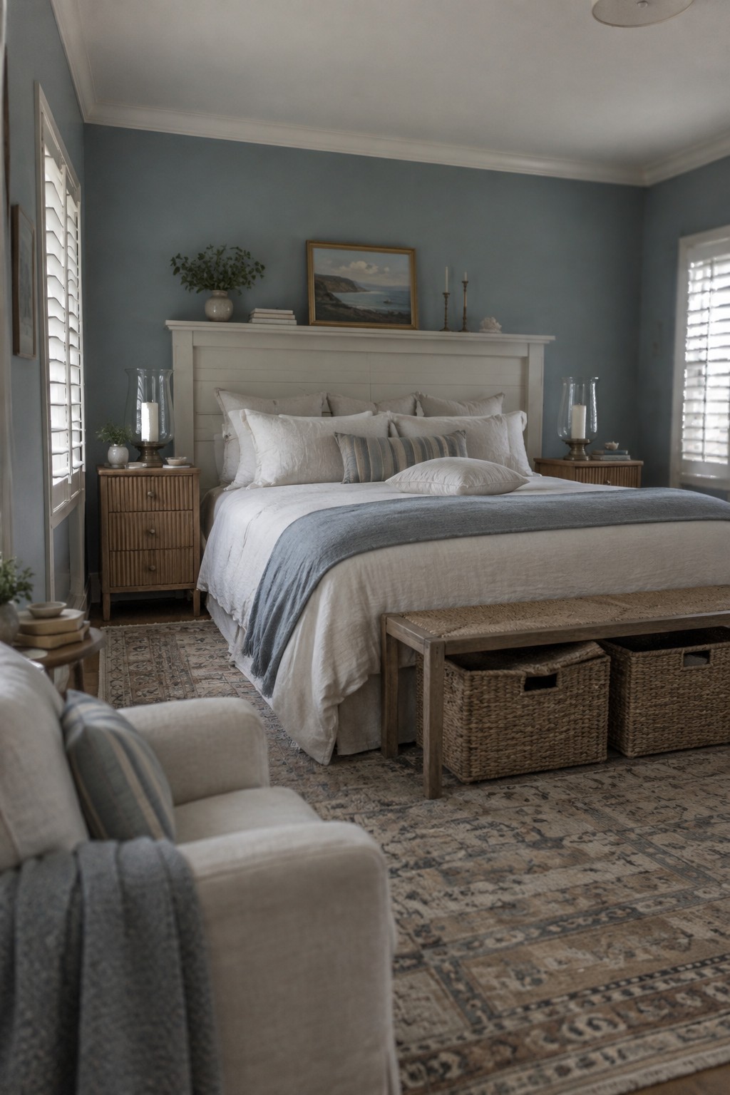 Bedroom walls painted in a soft blue-gray with white trim and light wood furniture.