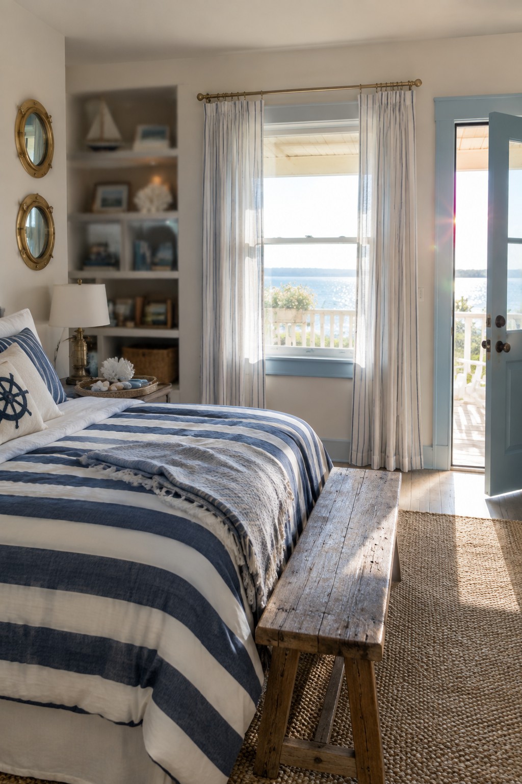 Coastal bedroom with blue striped bedding, wooden bench, and ocean view from open door
