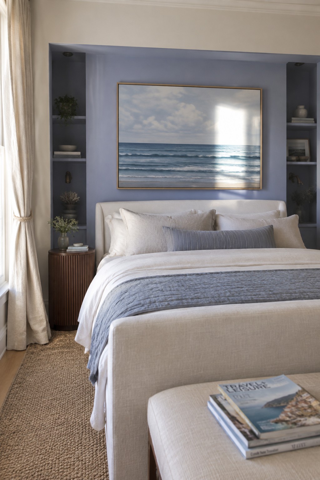 Bedroom walls and built-in alcoves painted in a soft blue-gray.