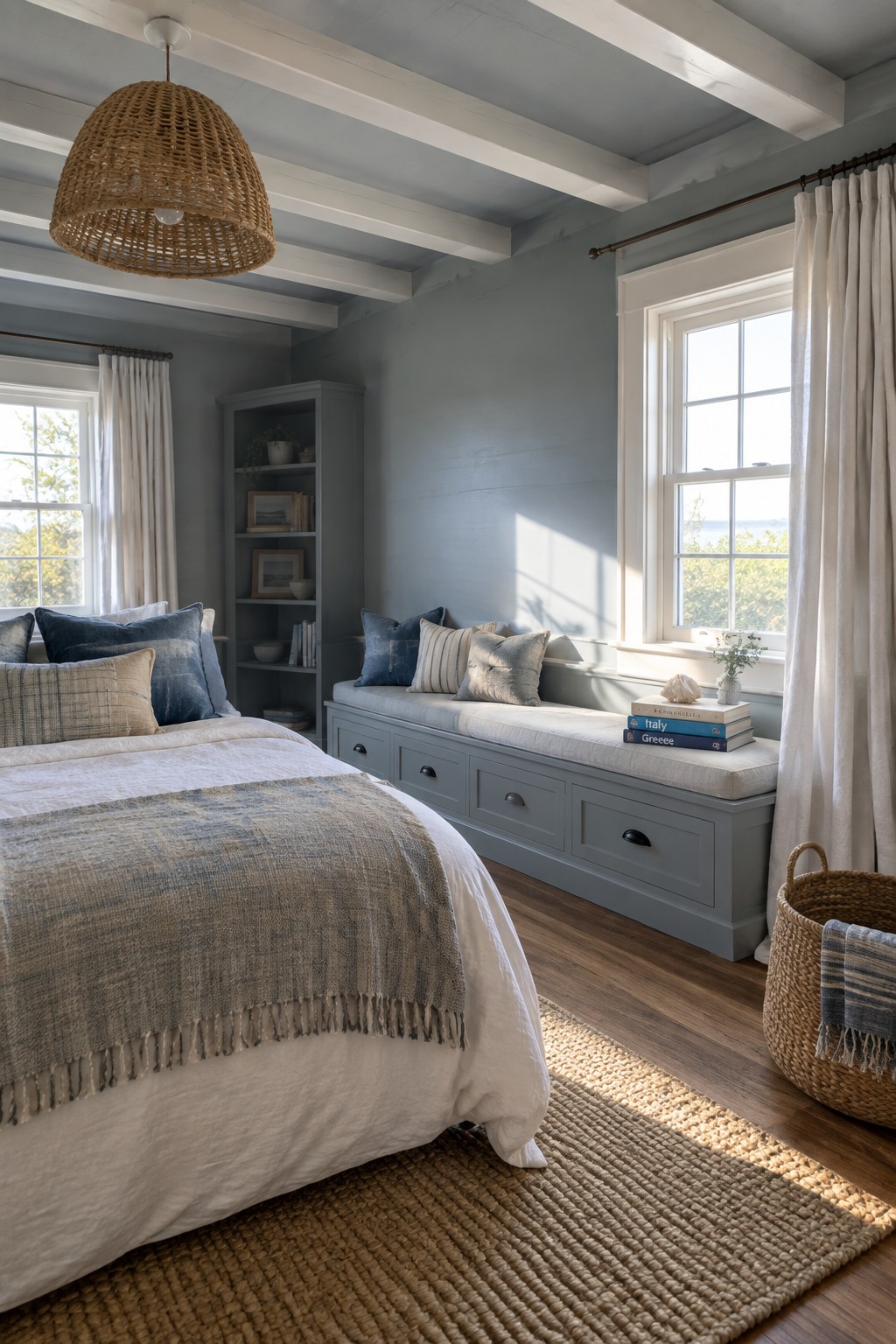 A bedroom with soft blue-gray walls and a matching built-in window seat.