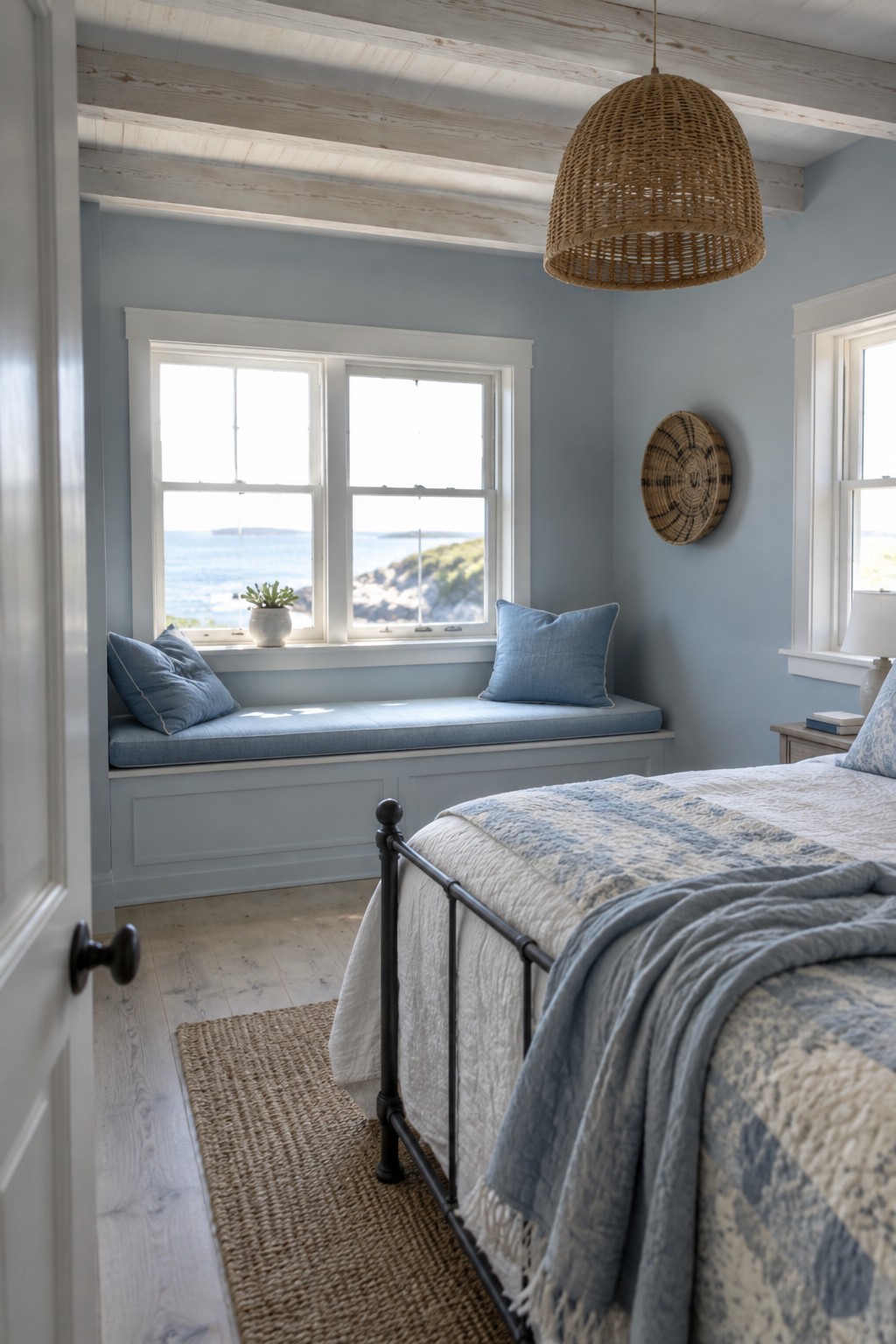 A bedroom featuring soft blue-gray walls and a matching built-in window seat.