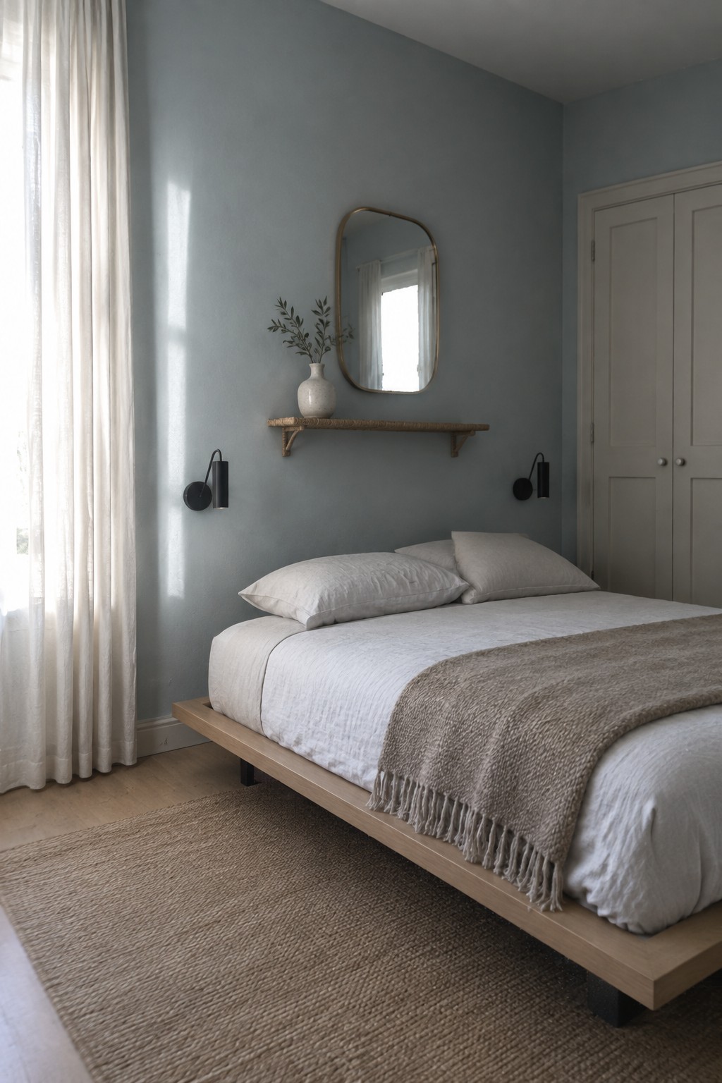 A bedroom featuring soft blue-gray walls paired with light wood flooring and a low platform bed.