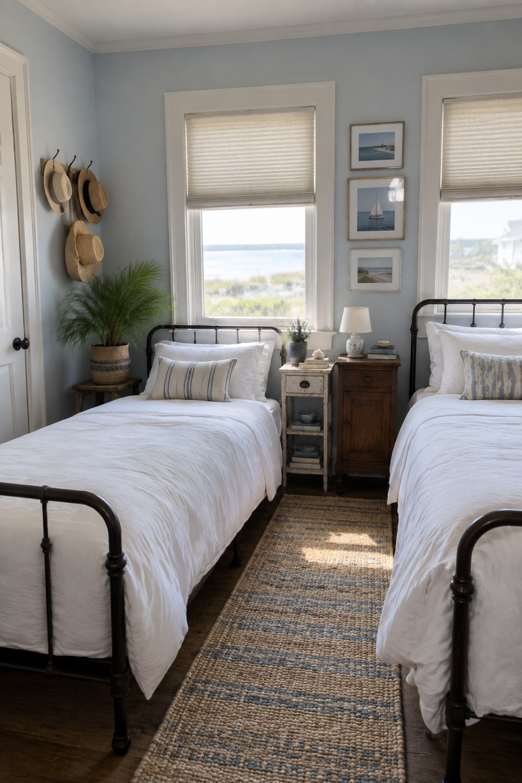 Light blue bedroom with two white twin beds, striped rug, and ocean-view windows.