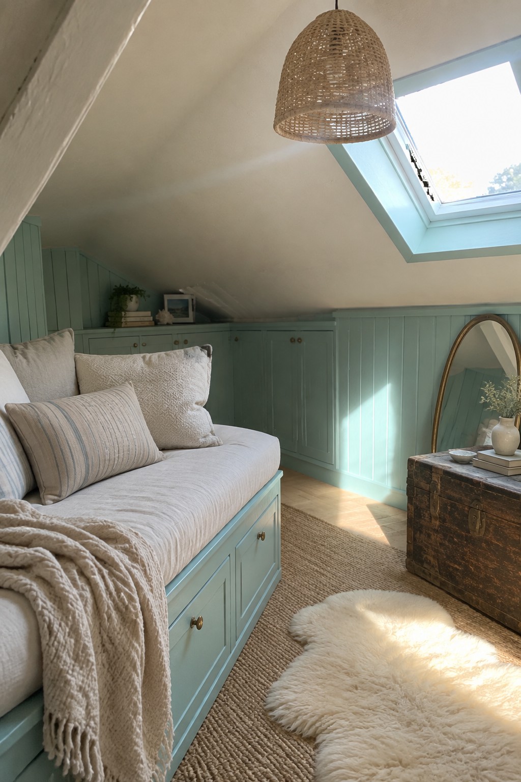 Cozy attic nook with seafoam daybed, woven pendant light, skylight, and wooden trunk.