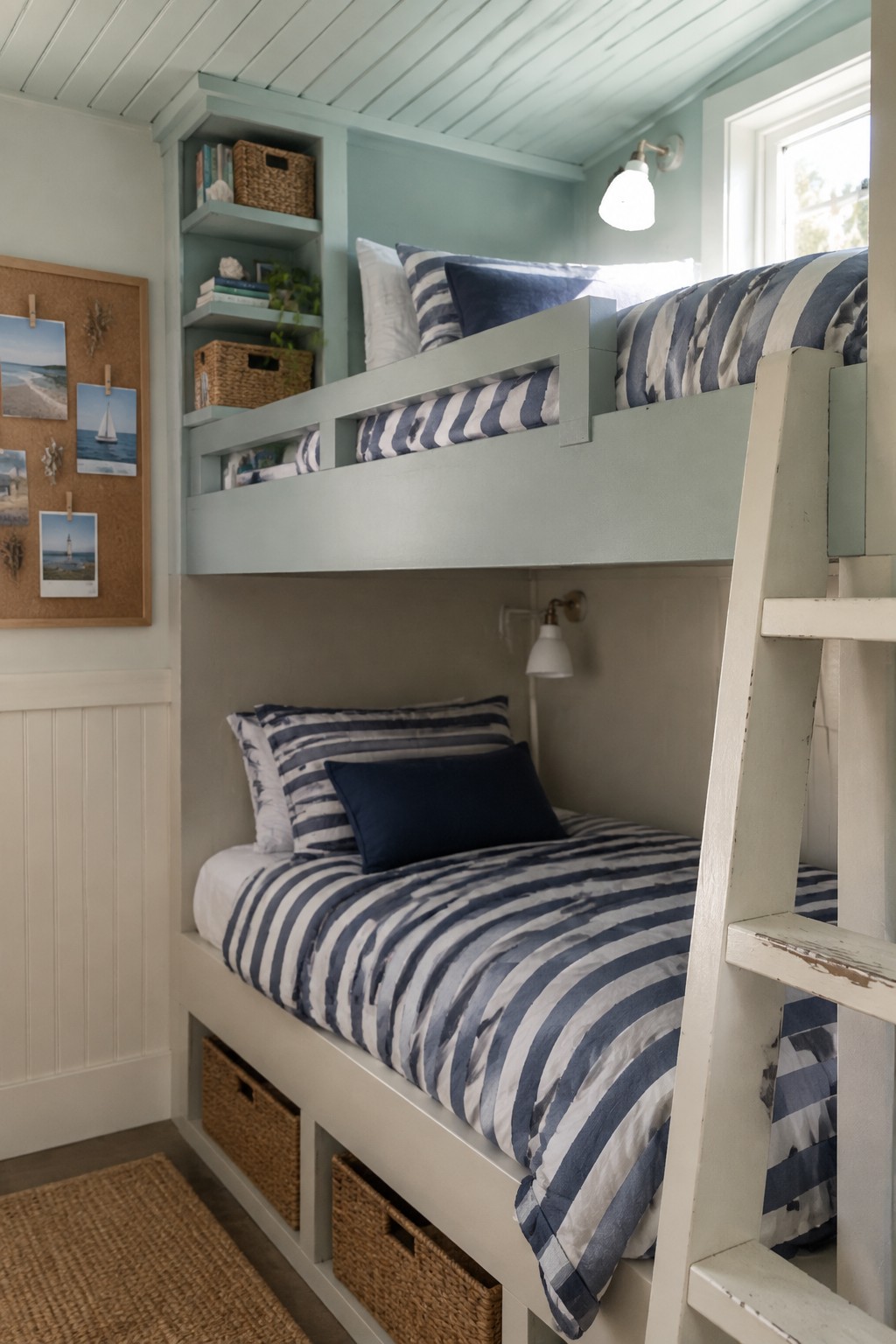 Bunk beds with blue striped linens in light blue coastal bedroom with ladder