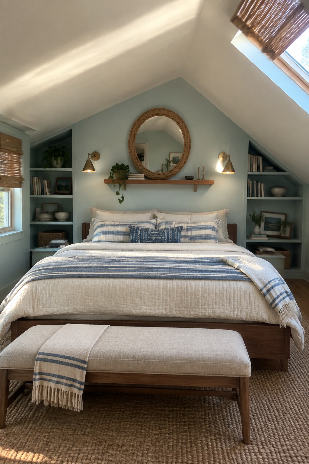 Cozy attic bedroom with white bed, blue striped linens, round mirror, and built-in shelves.