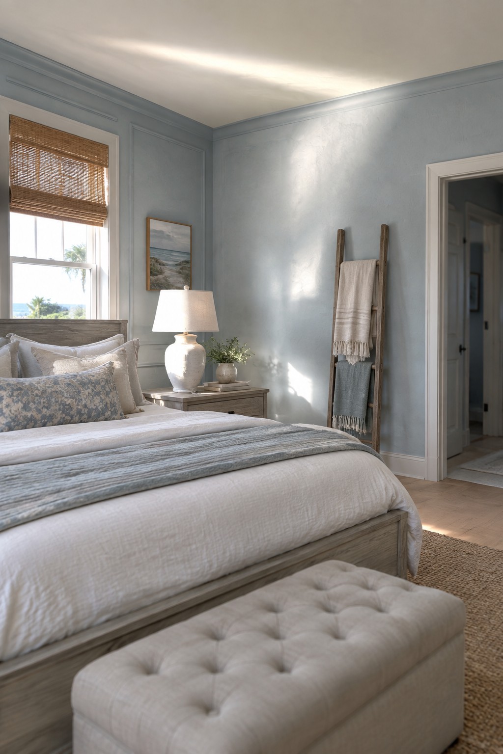 Light blue bedroom with white bed, wooden ladder, tufted ottoman, and ocean-view window