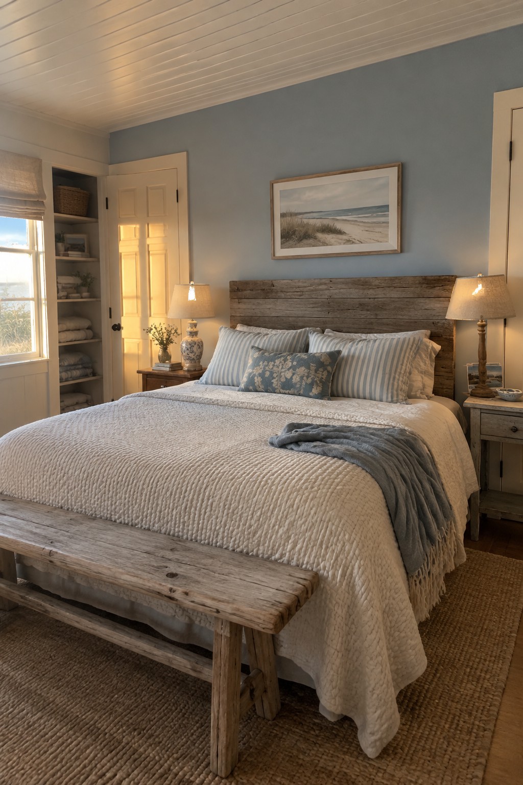 A bedroom with soft blue-gray walls and a rustic wood headboard.