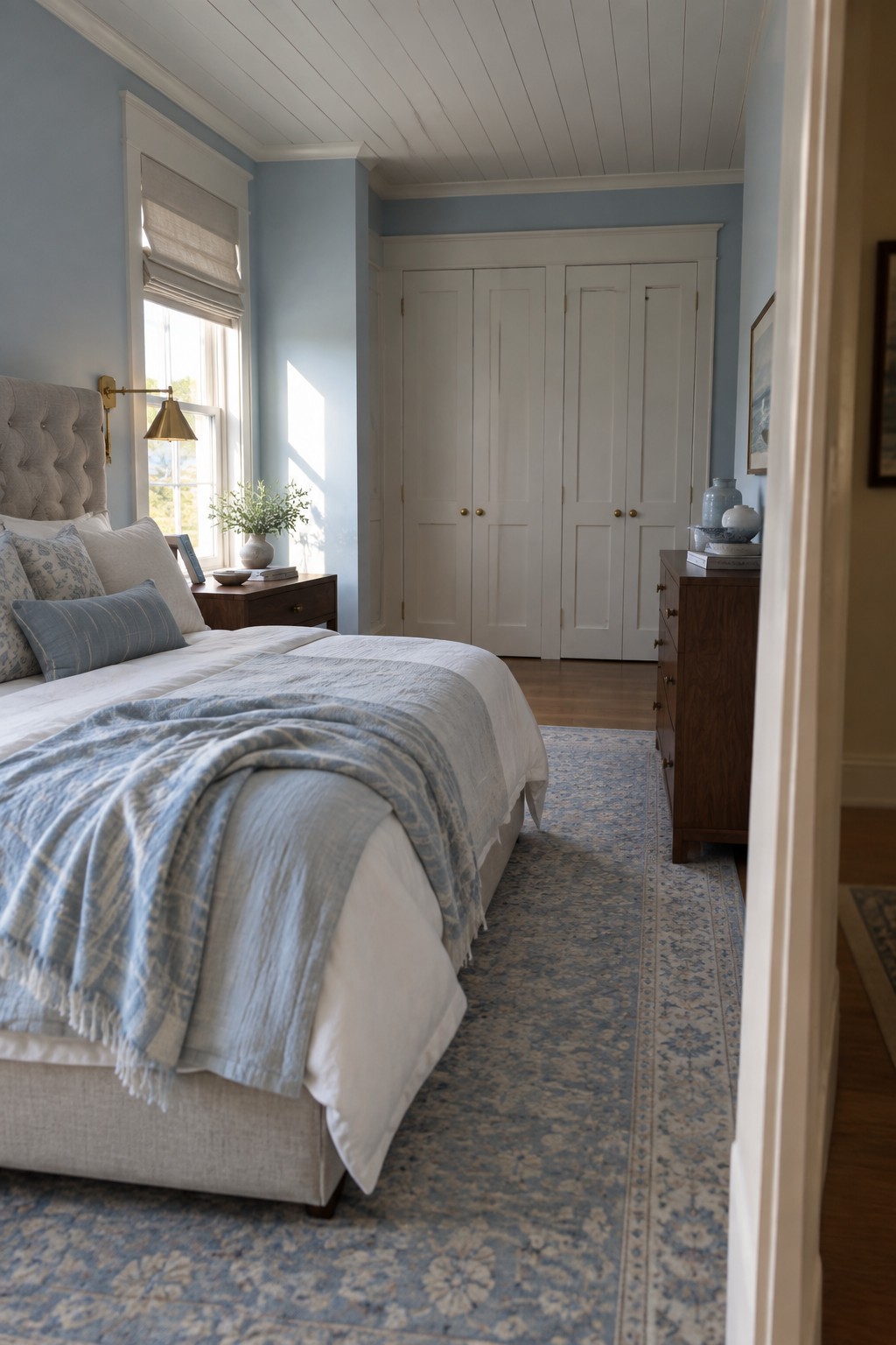 Light blue walls in a bedroom with white trim and wood accents.