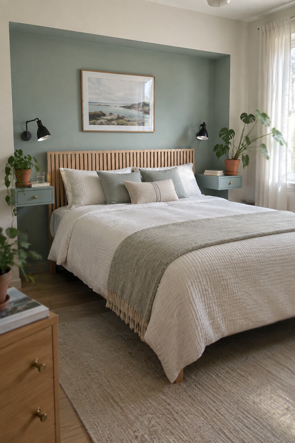 A bedroom featuring soft sage green walls in a recessed alcove behind a wooden bed.