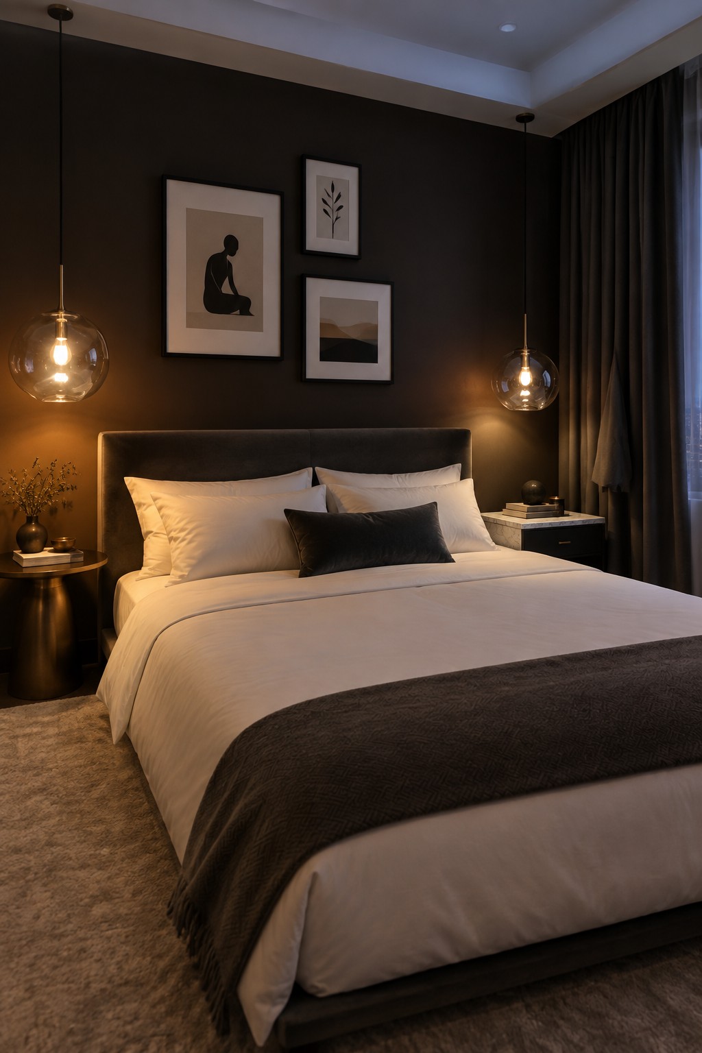 A bedroom featuring a deep charcoal accent wall behind the bed.
