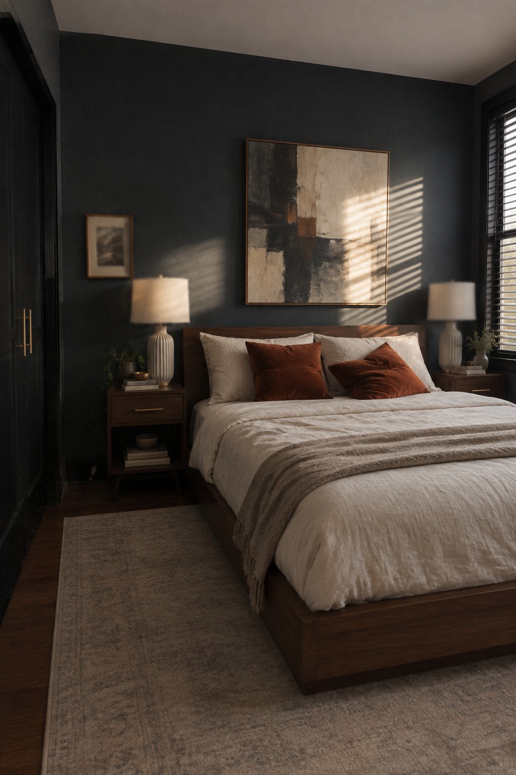 Dark blue bedroom with wooden bed, abstract art, lamps, and striped sunlight shadows.
