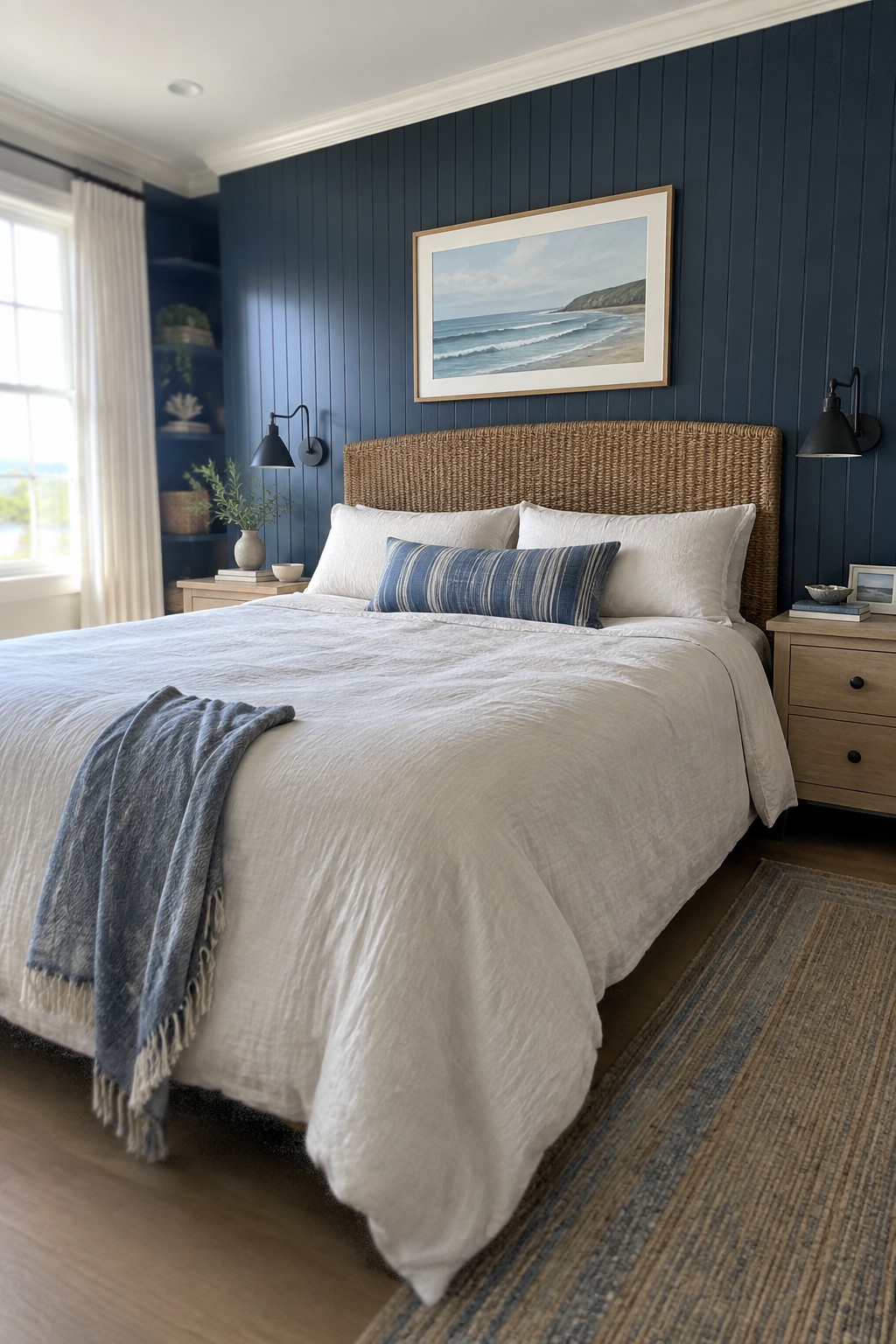 Cozy bedroom with white bed, woven headboard, and dark blue accent wall