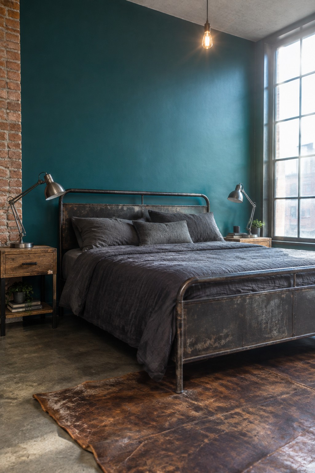 A deep teal accent wall behind a metal bed frame in a bedroom with exposed brick.