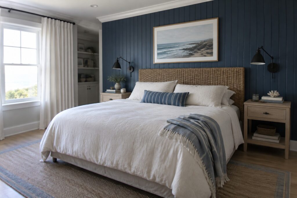 20 Striking Bedroom Accent Wall Paint Colors Focused Behind the Bed Cozy bedroom with white bed, woven headboard, and dark blue accent wall