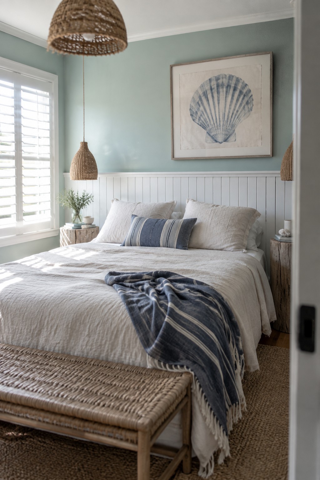 A bedroom accent wall in soft blue green paint above white wainscoting.