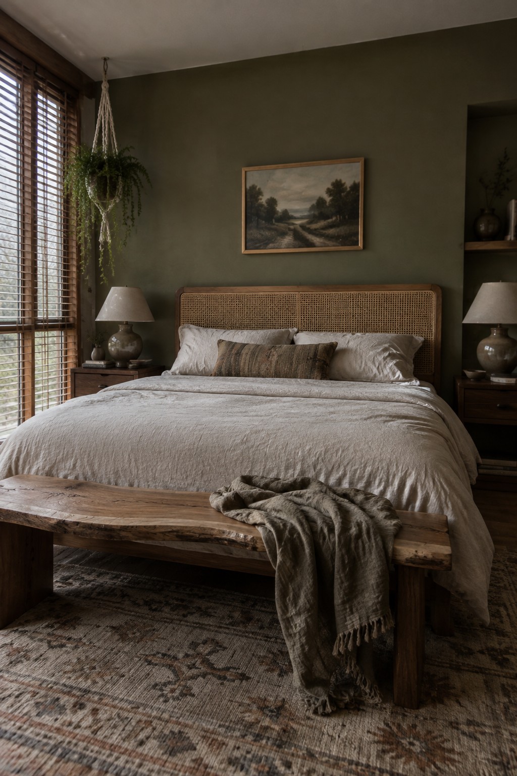 A bedroom featuring a muted olive green accent wall behind a wooden bed.