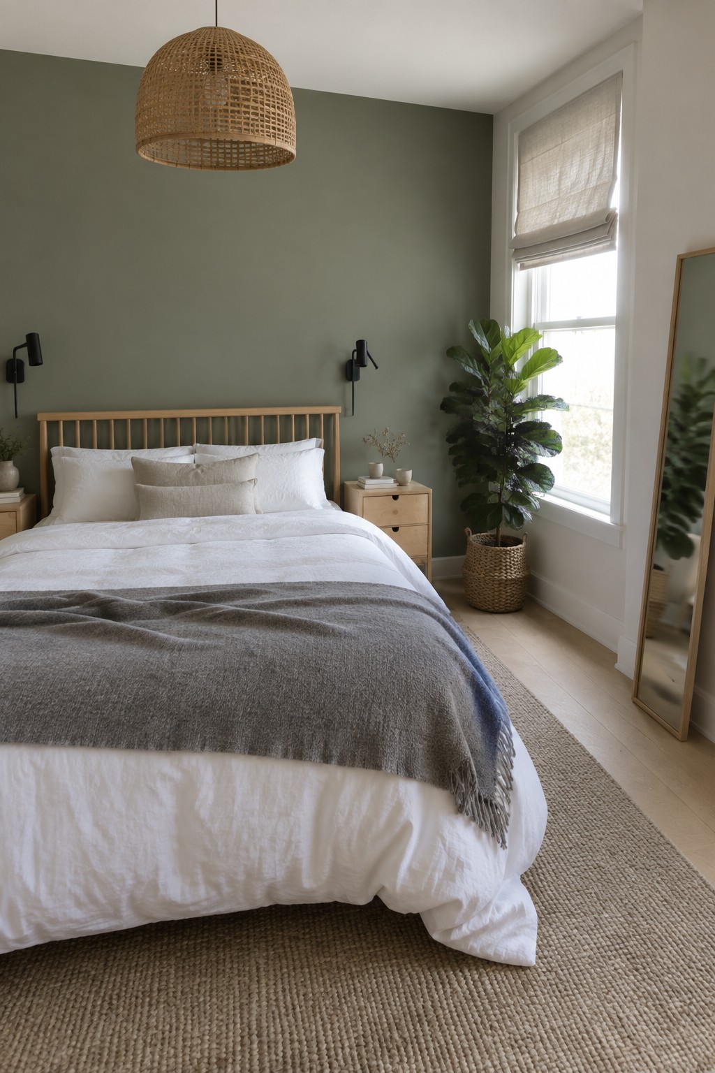 Serene bedroom with white bedding, gray throw, green walls, woven pendant light, and fiddle leaf fig.