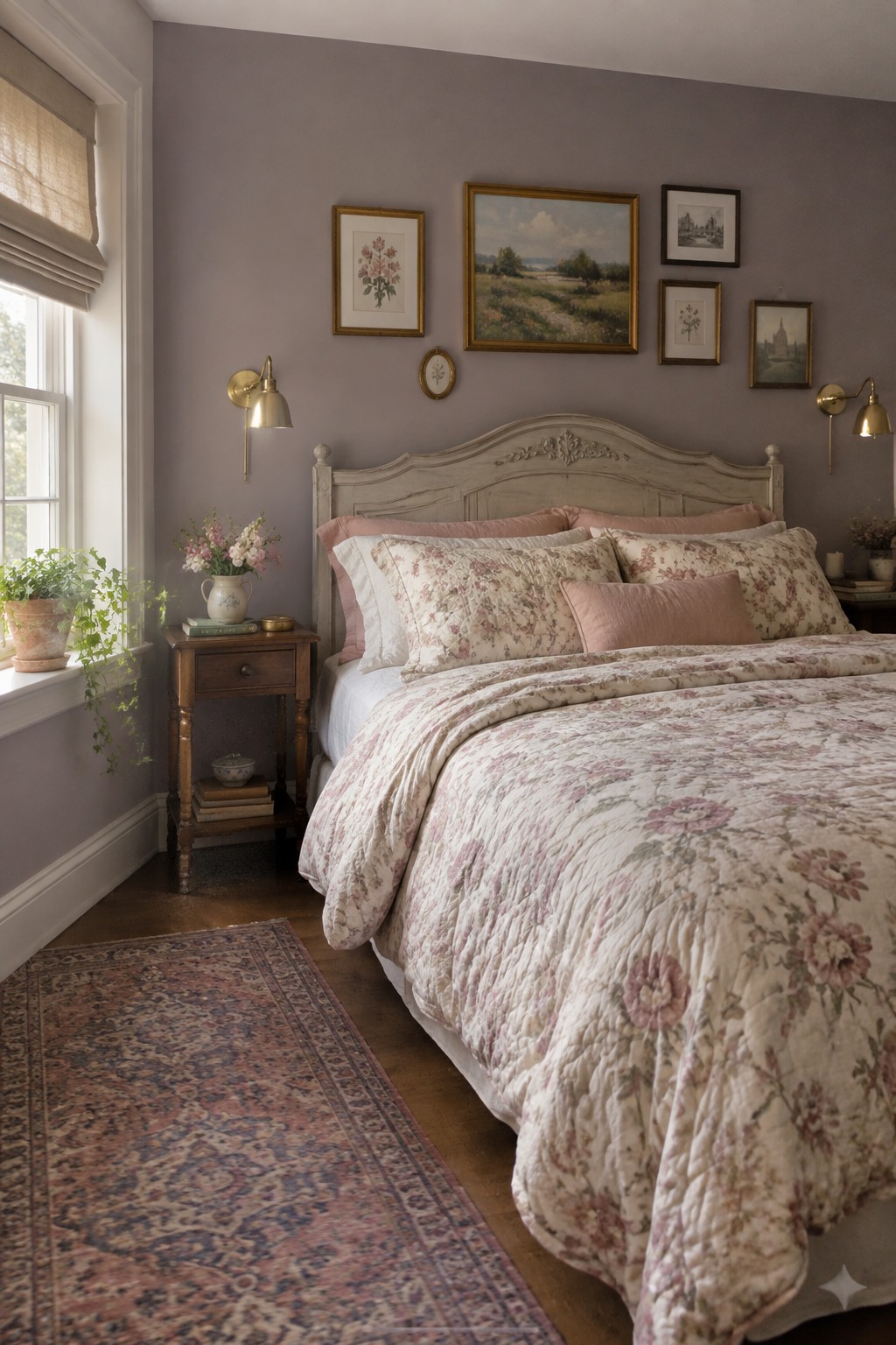 Bedroom walls painted a soft gray-lavender behind a bed with floral bedding.