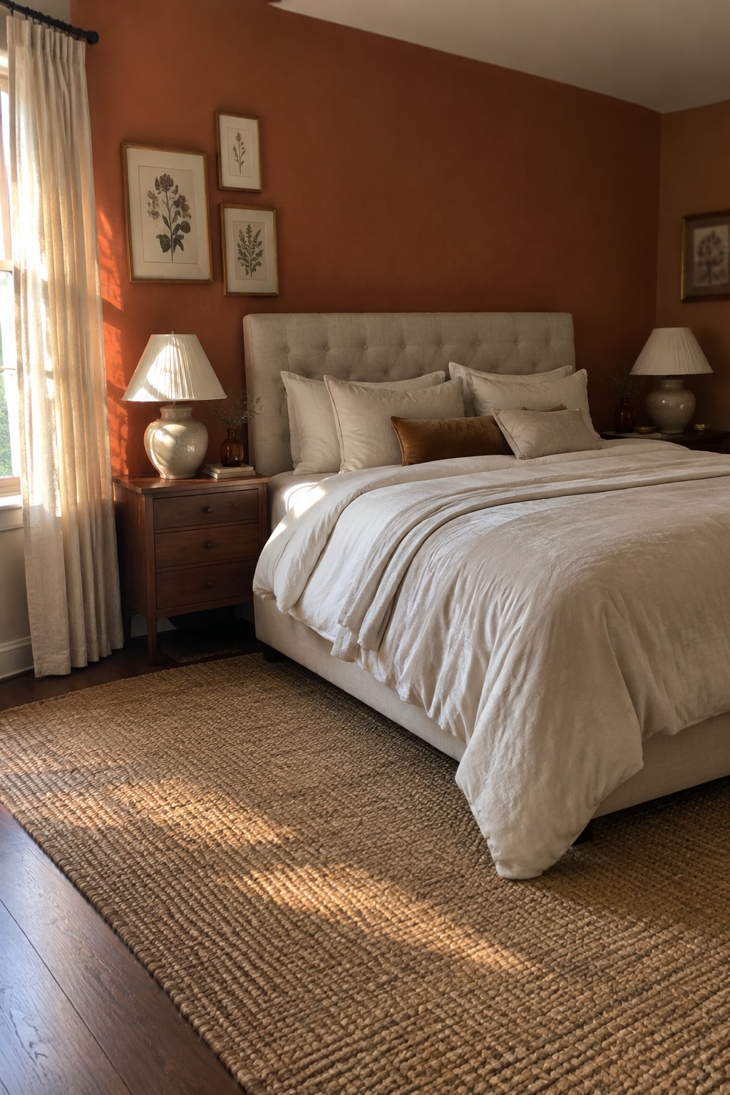 A terracotta accent wall behind a bed with a light headboard and wood nightstand.