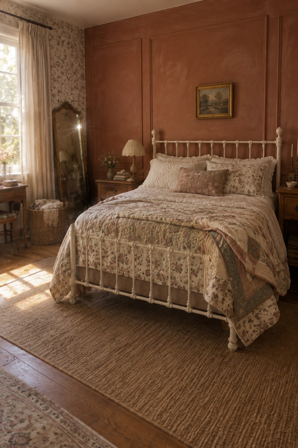 Sunlit bedroom with white iron bed, floral quilt, rust walls, and woven rug
