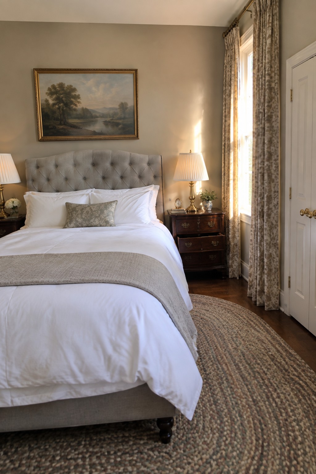 Soft greige walls in a bedroom behind a tufted headboard.