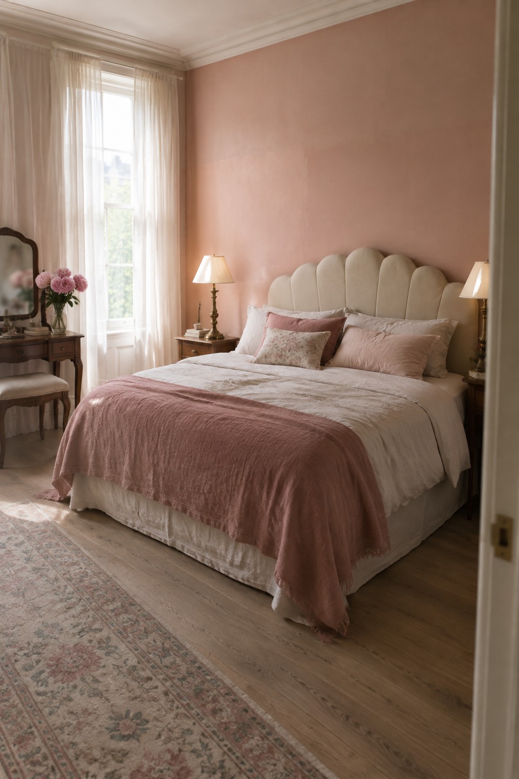 Cozy bedroom with peach walls, scalloped headboard, white linens, and pink throw.