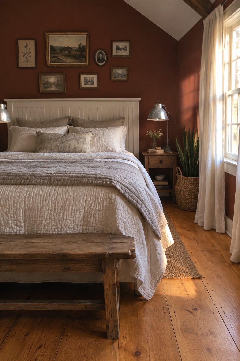 A bedroom with a deep terracotta red accent wall behind a bed with white trim and wood floors.