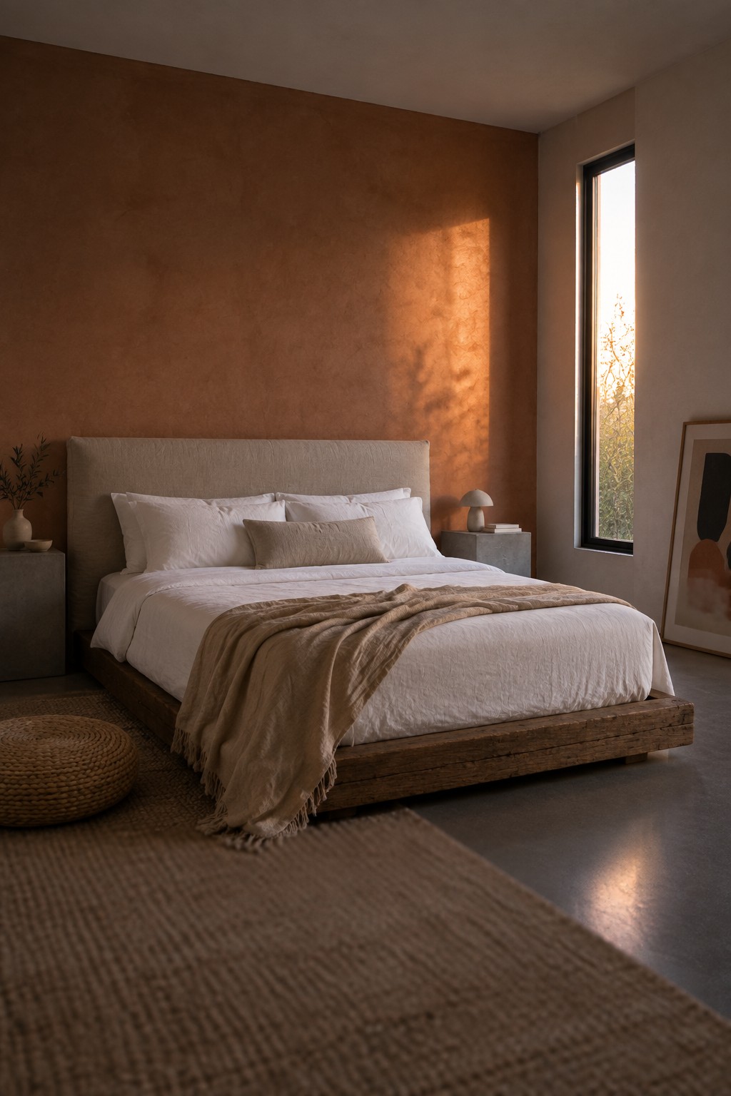 A terracotta accent wall painted behind a wooden bed in a minimalist bedroom.
