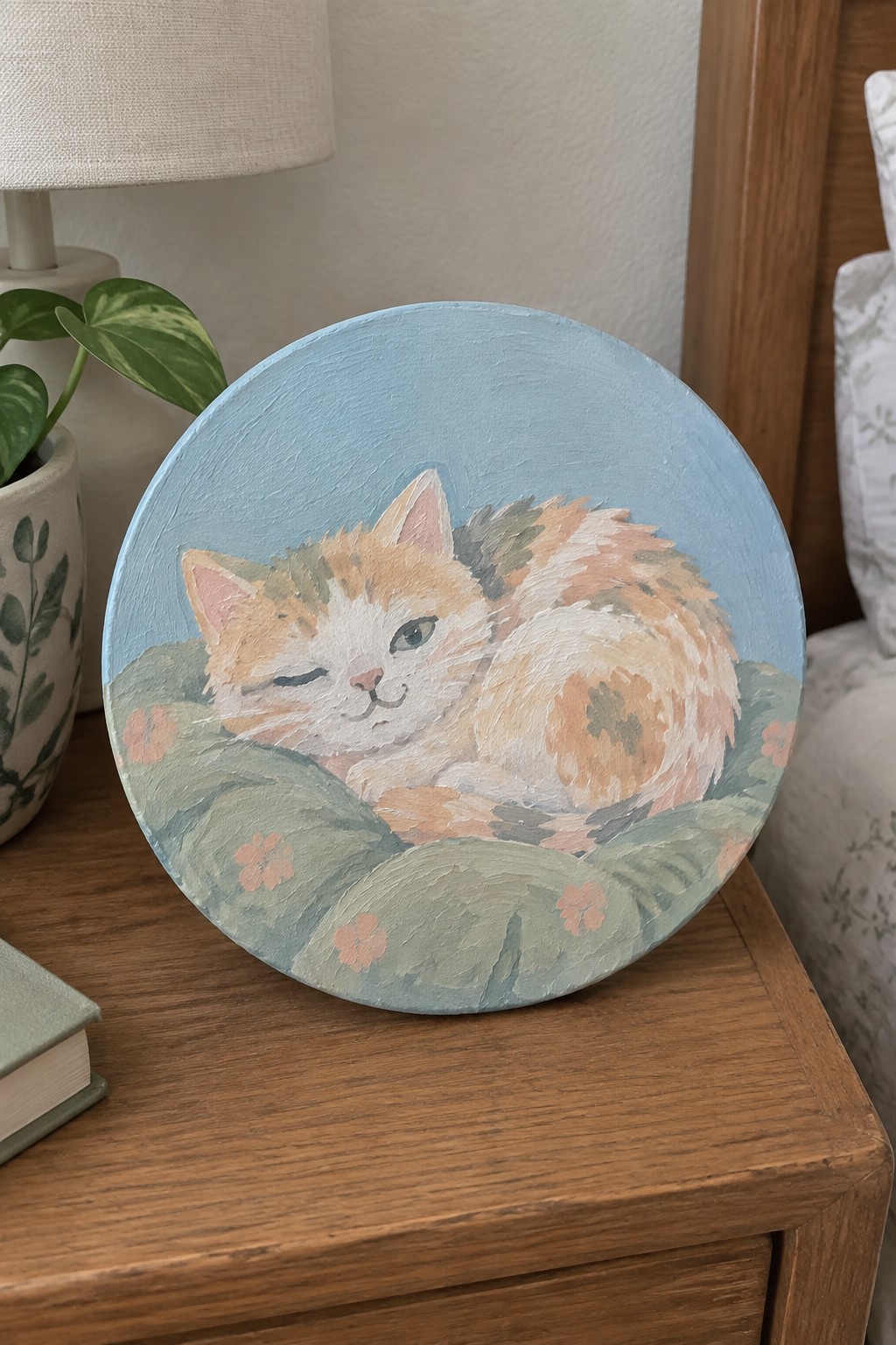 Circular painting of sleeping calico cat on green floral pillow against blue background
