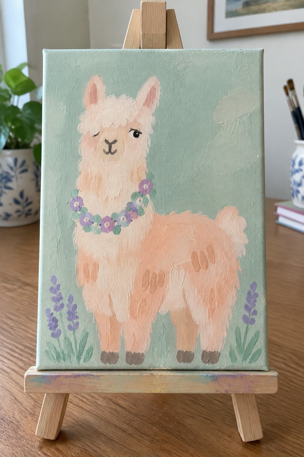 Peach llama painting with flower garland on mint canvas atop wooden easel
