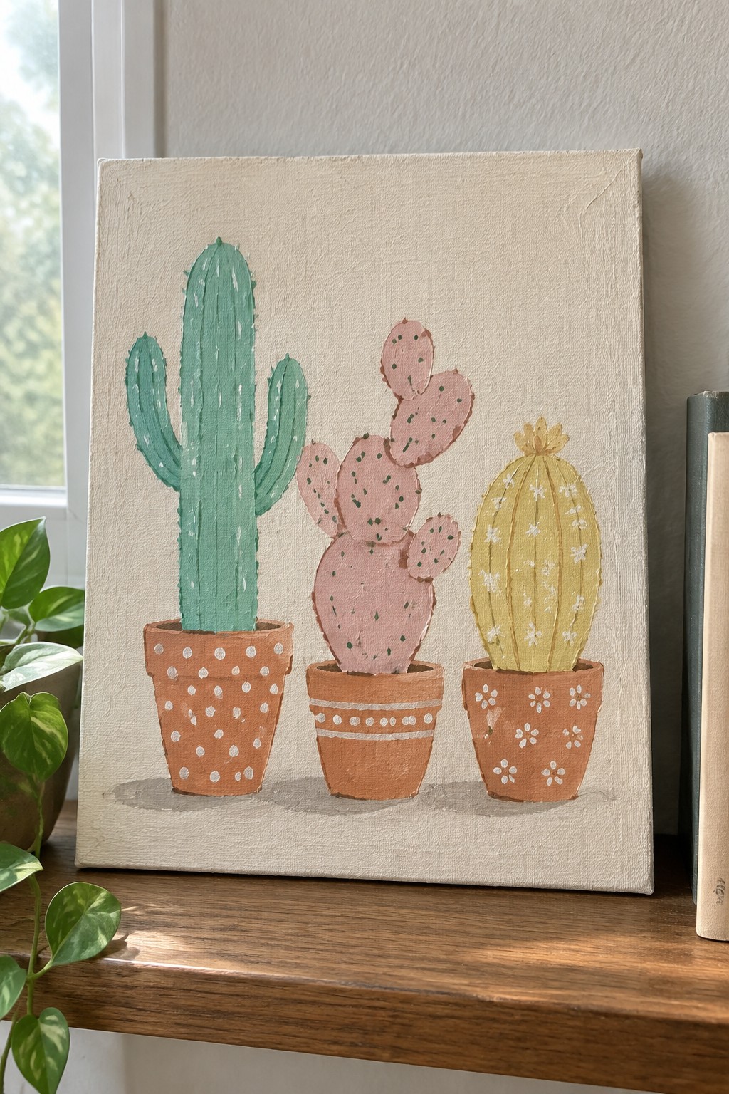 Three cacti in patterned terracotta pots painted on canvas atop wood.