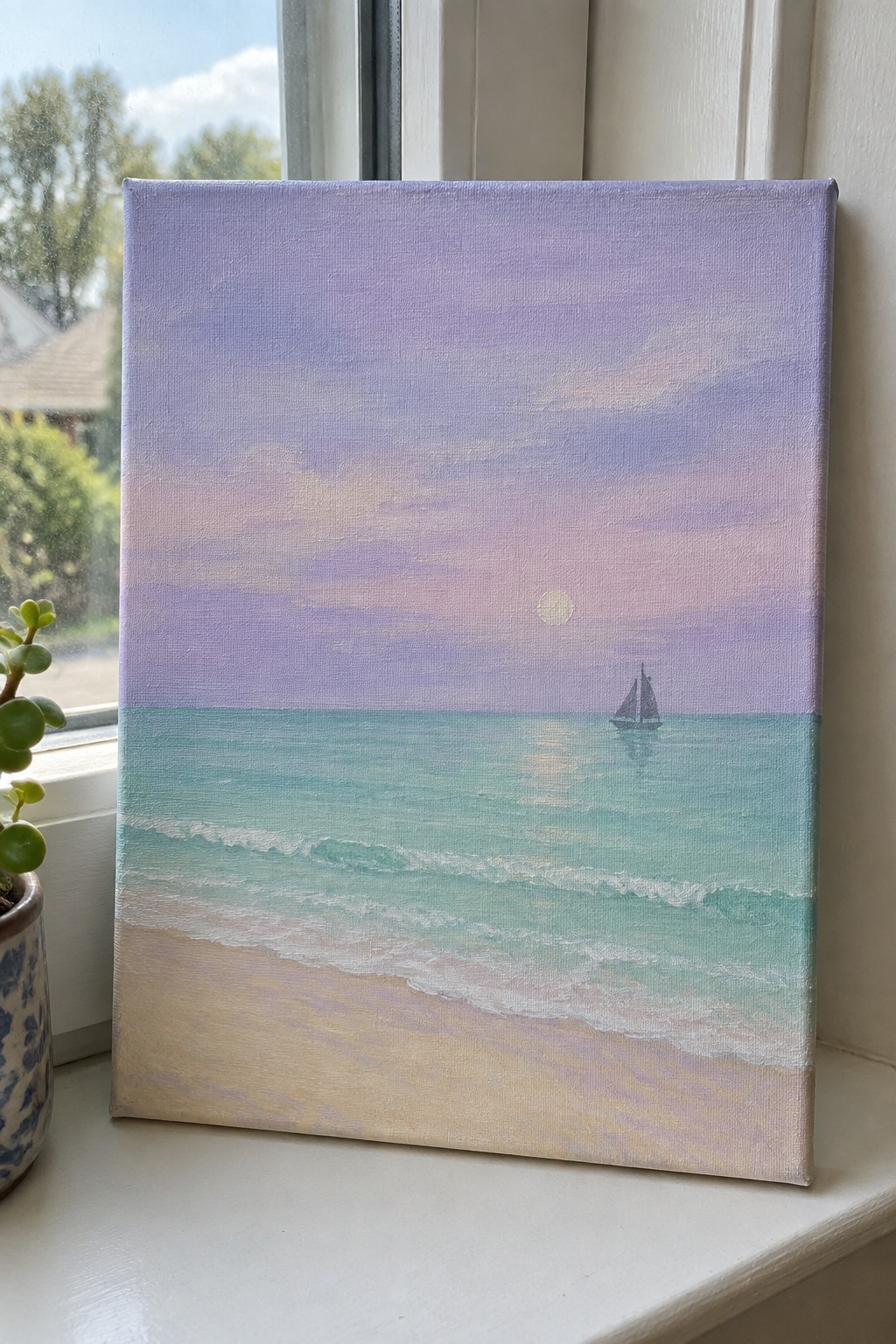A rectangular canvas painting shows a lavender to pink gradient sky over turquoise water with a small sailboat, a sandy beach in the foreground, and soft white waves, sitting on a white windowsill beside a potted plant.